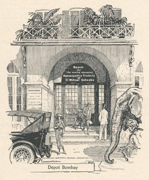 Historische Abbildung des Schwabe-Depots in Bombay, Indien