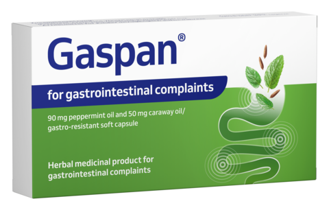 Eine Packung von Gaspan, auch bekannt unter dem Namen Carmenthin, mit der einzigartigen Kombination aus Pfefferminzöl und Kümmelöl