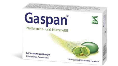 Eine Packung von Gaspan, auch bekannt unter dem Namen Carmenthin, mit der einzigartigen Kombination aus Pfefferminzöl und Kümmelöl