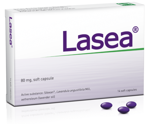 A pack of Lasea, a Schwabe medicine containing a special oil of medicinal lavender.