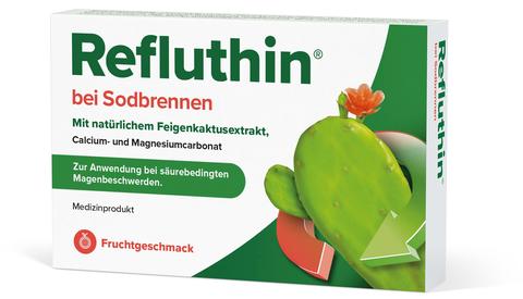 Eine Packung von Refluthin bei Sodbrennen, der einzigartigen Kombination aus Feigenkaktusextrakt und mineralischen Säurepuffern.