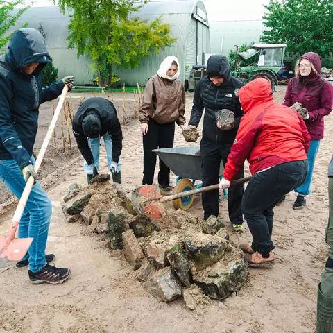 Auszubildende der Schwabe-Gruppe Deutschland legen ein Sandbeet für Wildbienen an.