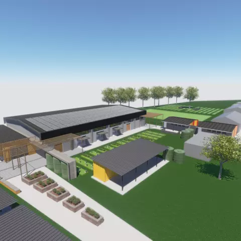 Ein 3D-Bild zeigt die geplante Gemeinschaftshalle der Walmer Primary School in Südafrika